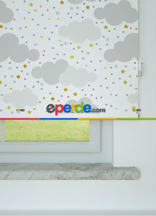 Gri Bulut Ve Yıldız Desenli Baskılı Stor Perde