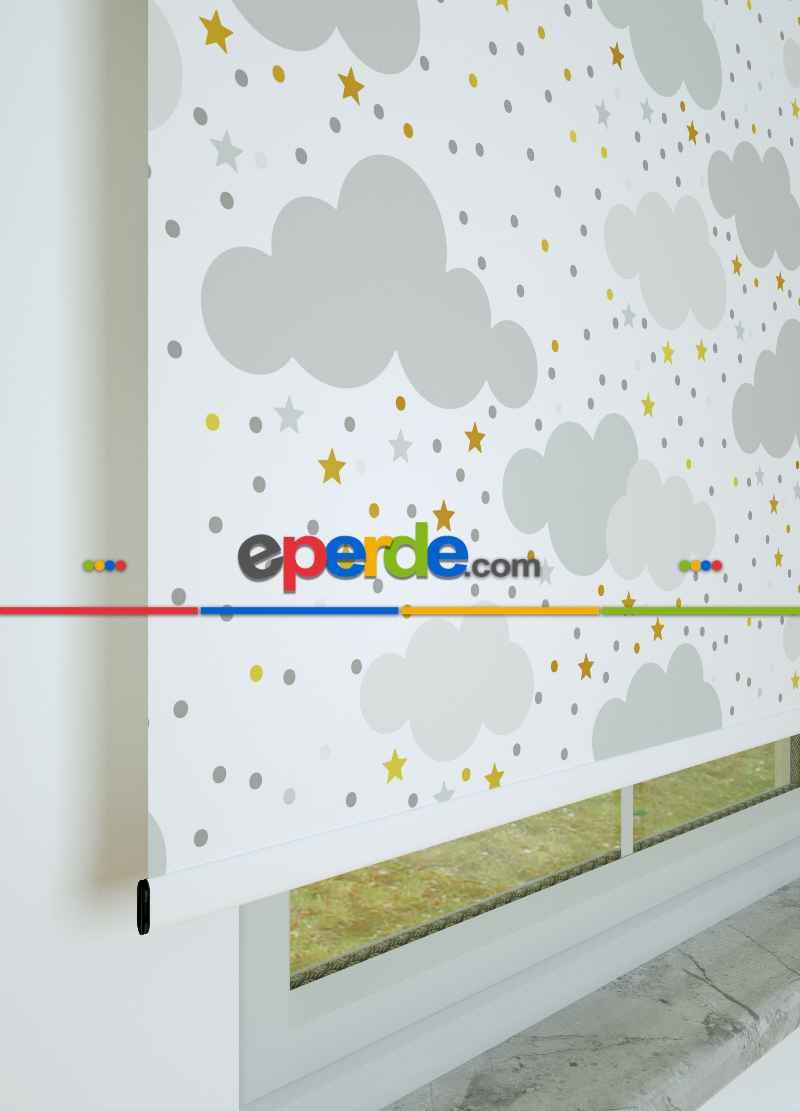 Gri Bulut Ve Yıldız Desenli Baskılı Stor Perde