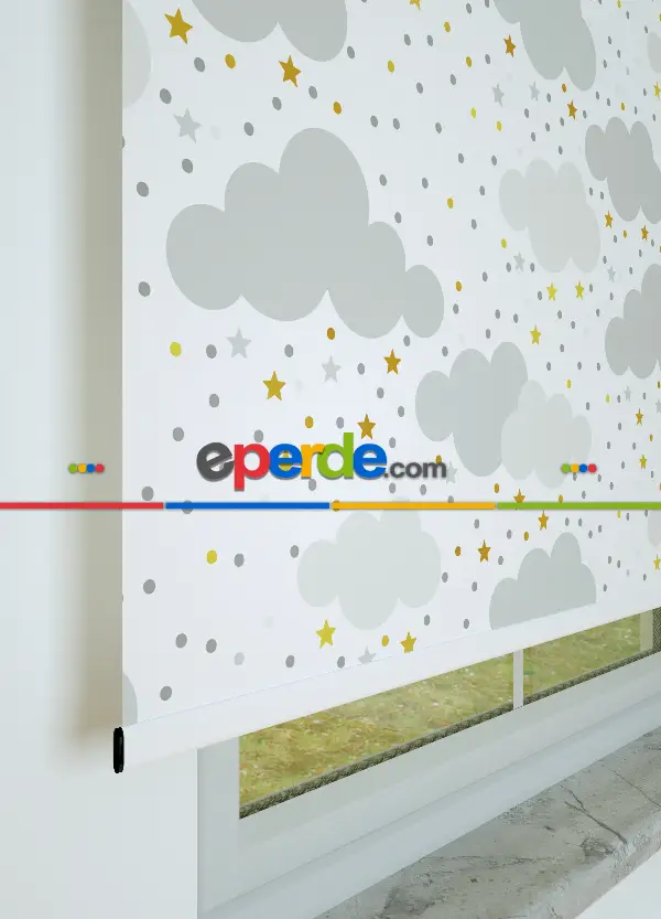 Gri Bulut Ve Yıldız Desenli Baskılı Stor Perde