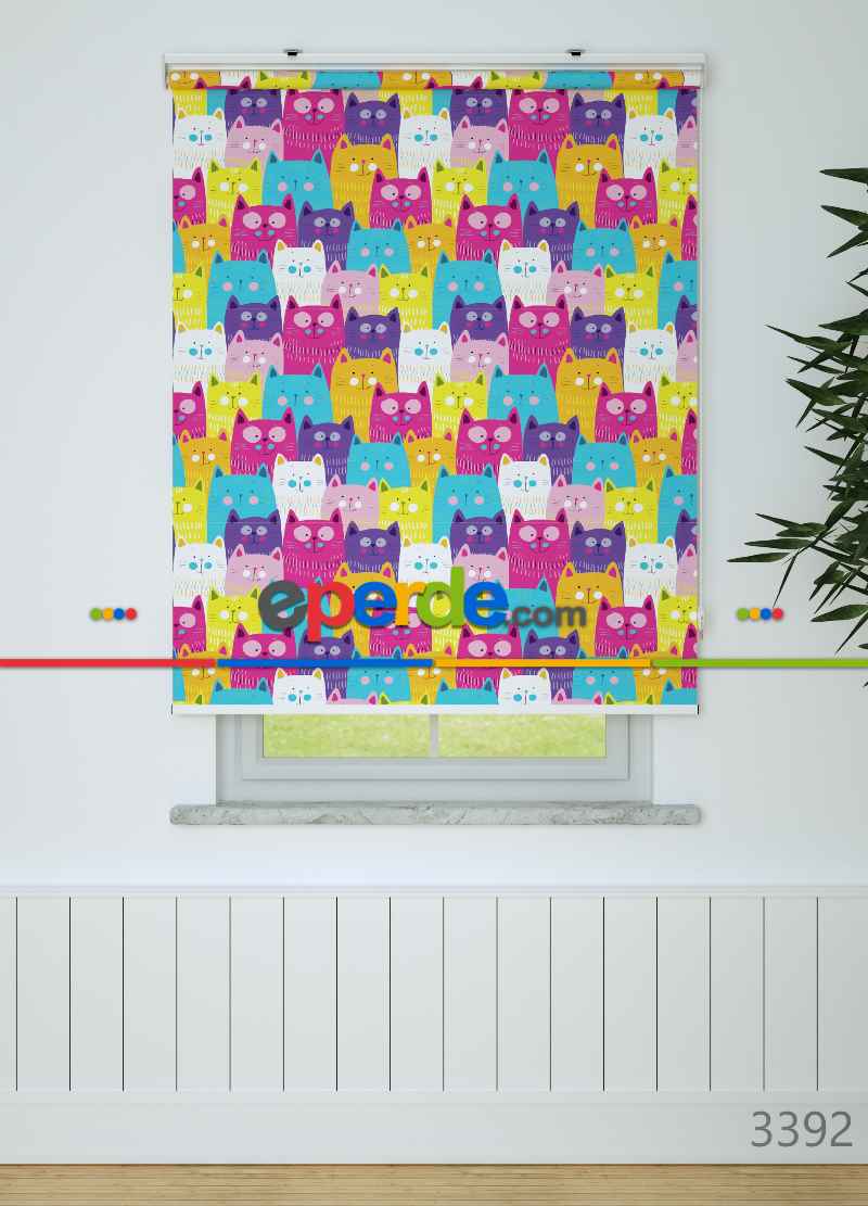 Renkli Kedi Desenli Baskılı Stor Perde