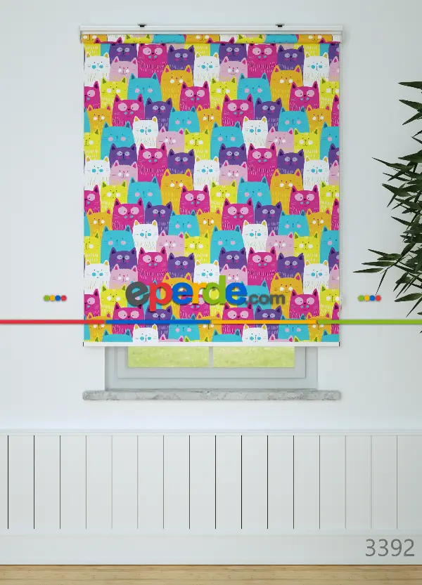 Renkli Kedi Desenli Baskılı Stor Perde