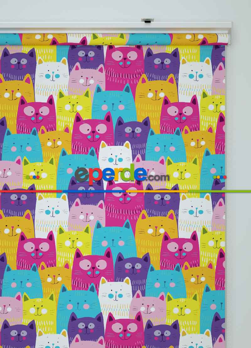 Renkli Kedi Desenli Baskılı Stor Perde