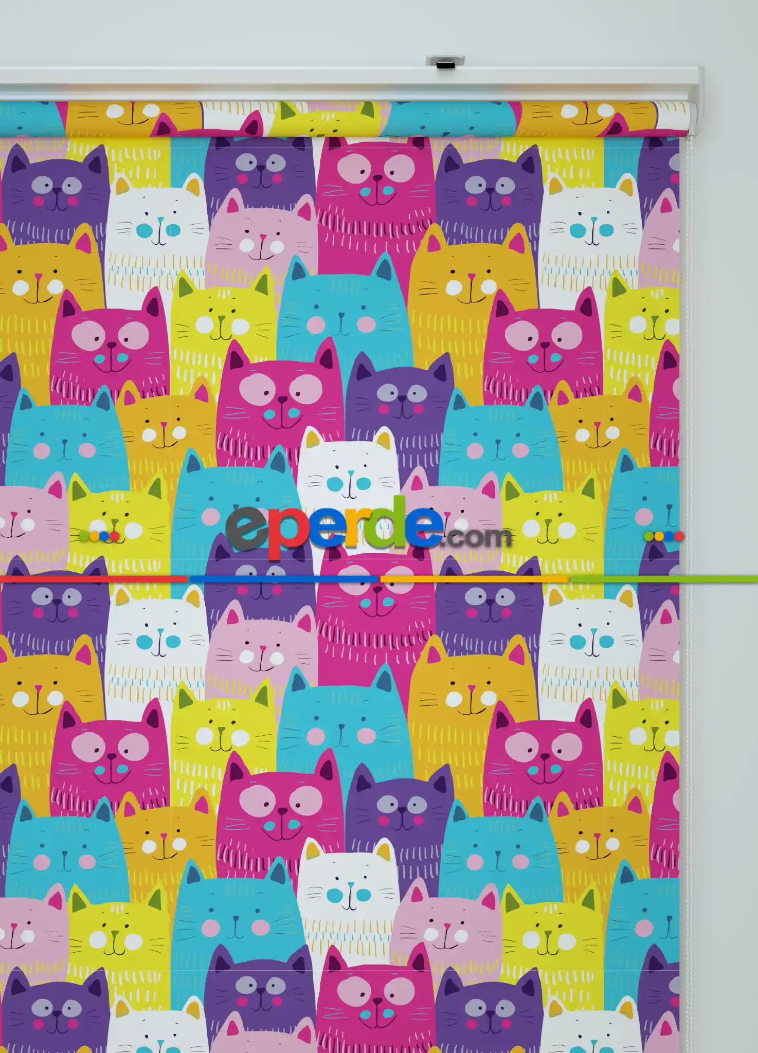 Renkli Kedi Desenli Baskılı Stor Perde