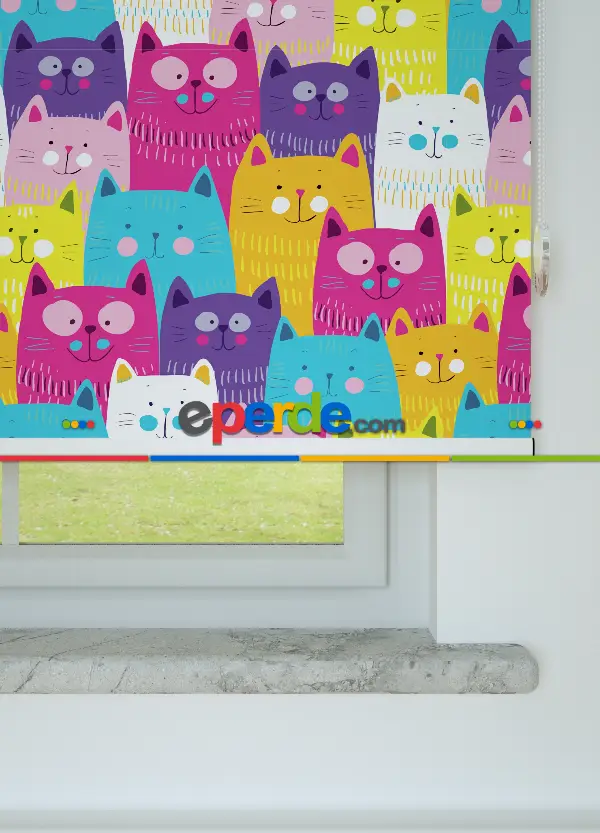 Renkli Kedi Desenli Baskılı Stor Perde