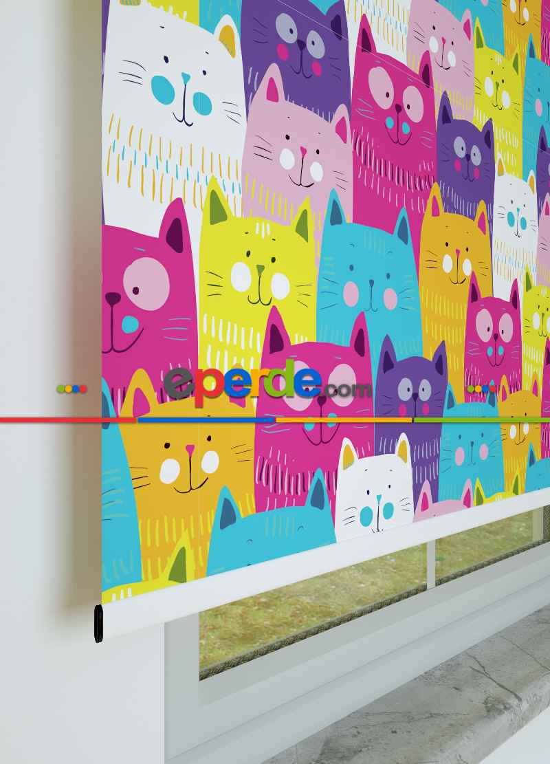 Renkli Kedi Desenli Baskılı Stor Perde