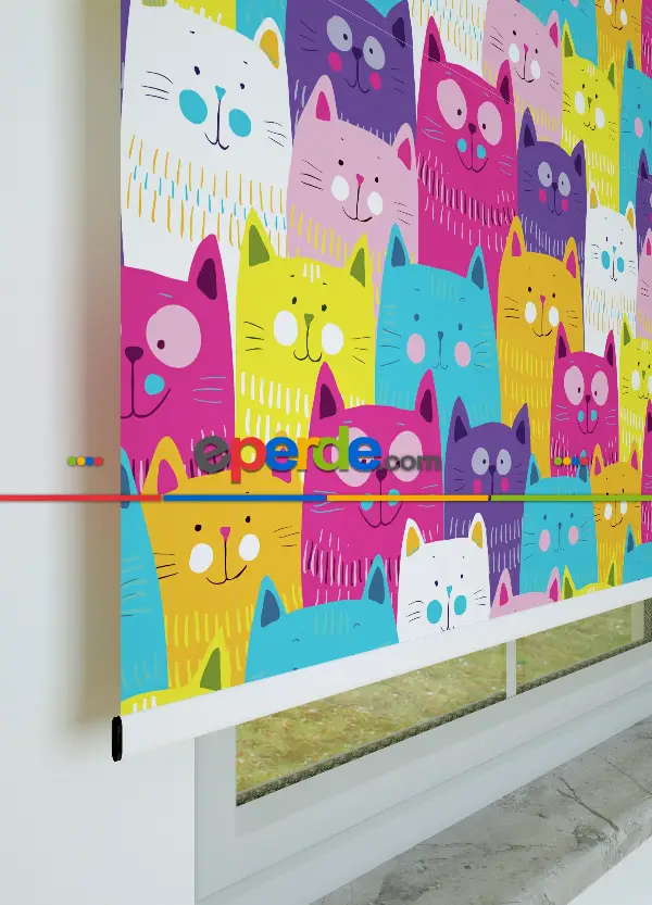 Renkli Kedi Desenli Baskılı Stor Perde