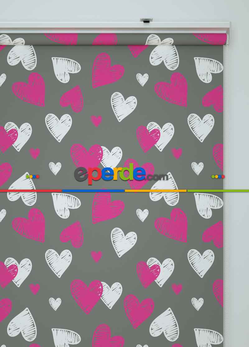 Pembe Kalp Desenli Baskılı Stor Perde
