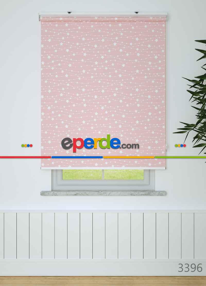 Ekru Yıldız Desenli Baskılı Pembe Stor Perde