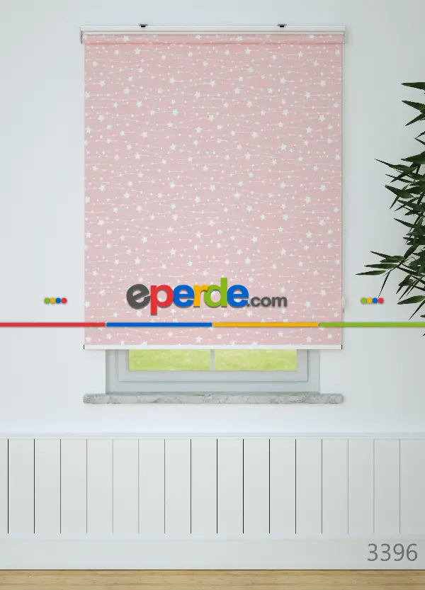 Ekru Yıldız Desenli Baskılı Pembe Stor Perde