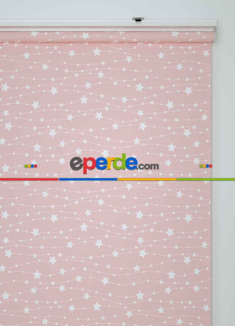 Ekru Yıldız Desenli Baskılı Pembe Stor Perde