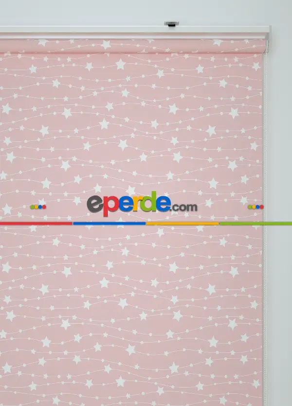 Ekru Yıldız Desenli Baskılı Pembe Stor Perde