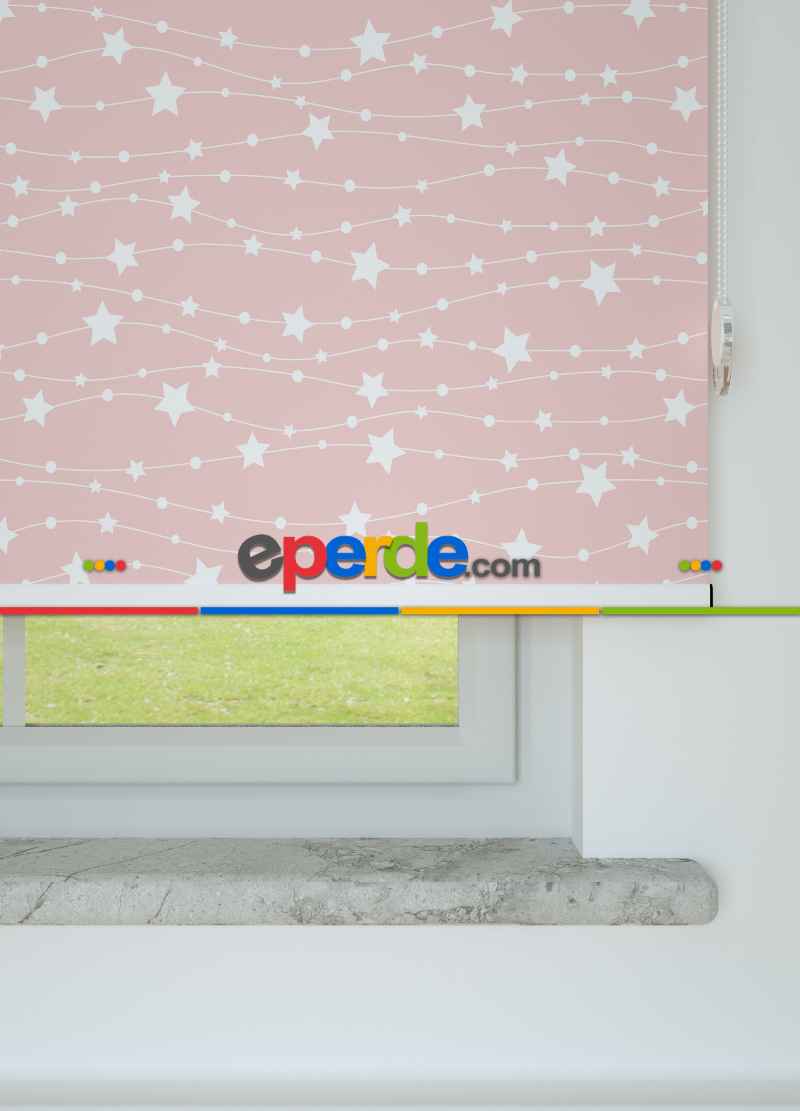 Ekru Yıldız Desenli Baskılı Pembe Stor Perde
