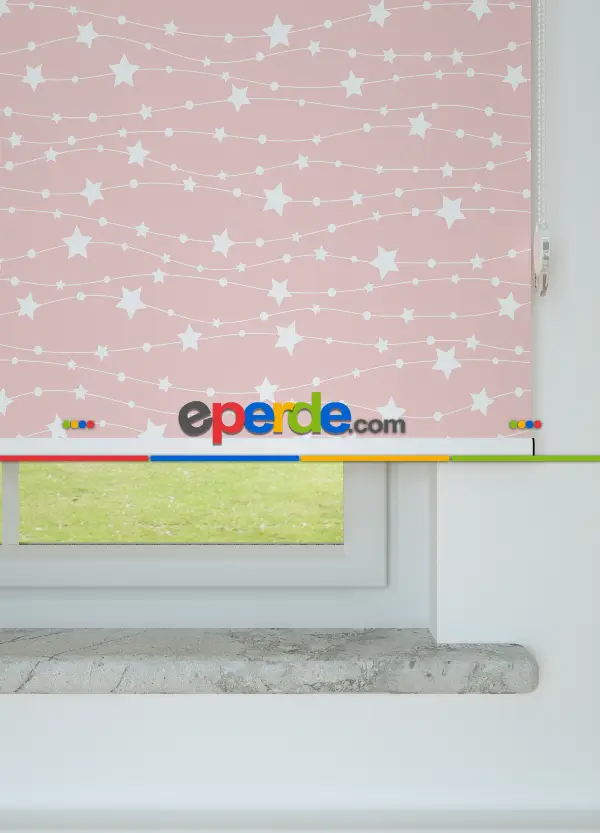 Ekru Yıldız Desenli Baskılı Pembe Stor Perde