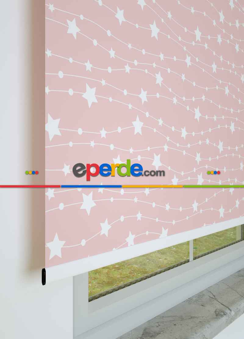 Ekru Yıldız Desenli Baskılı Pembe Stor Perde