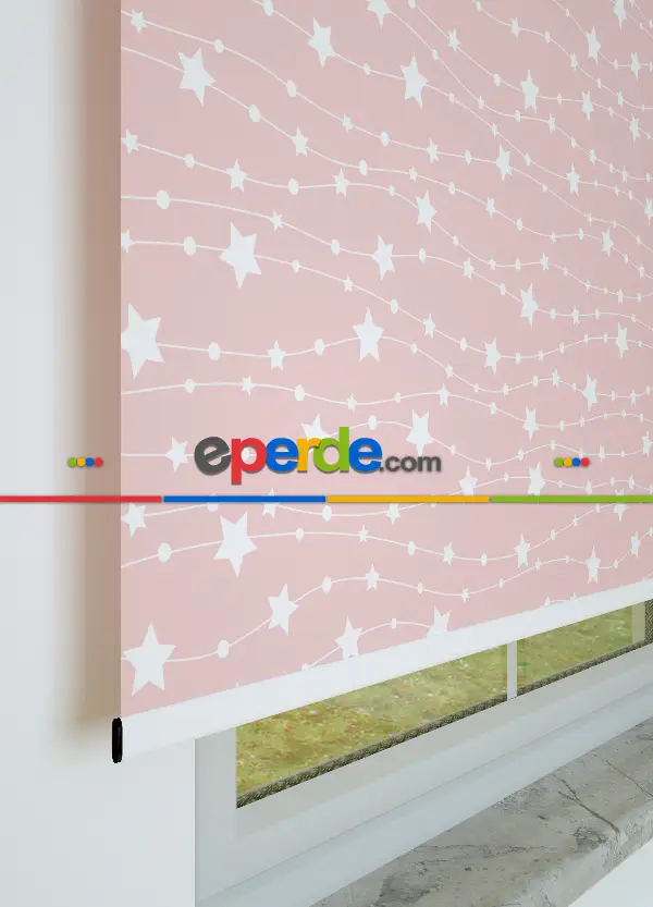 Ekru Yıldız Desenli Baskılı Pembe Stor Perde