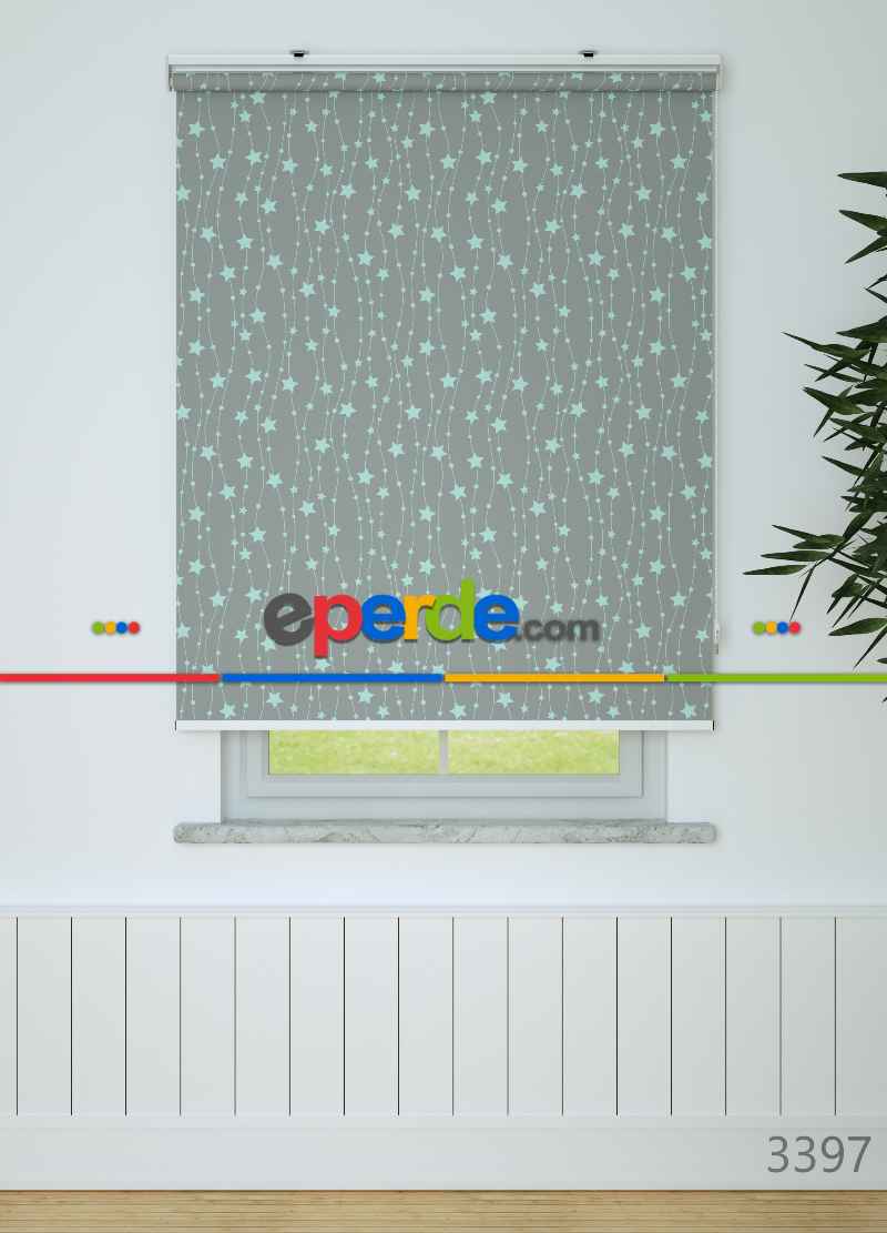 Mint Yeşili Yıldız Desenli Baskılı Stor Perde