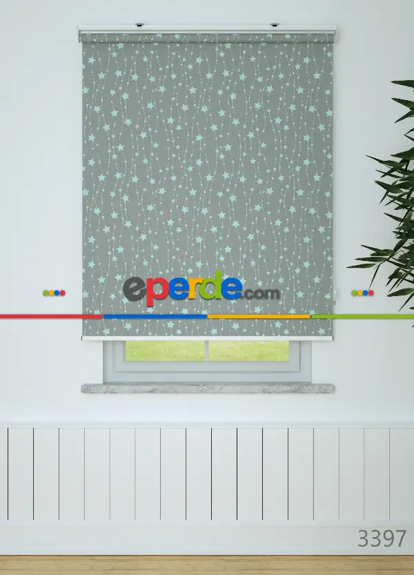 Mint Yeşili Yıldız Desenli Baskılı Stor Perde