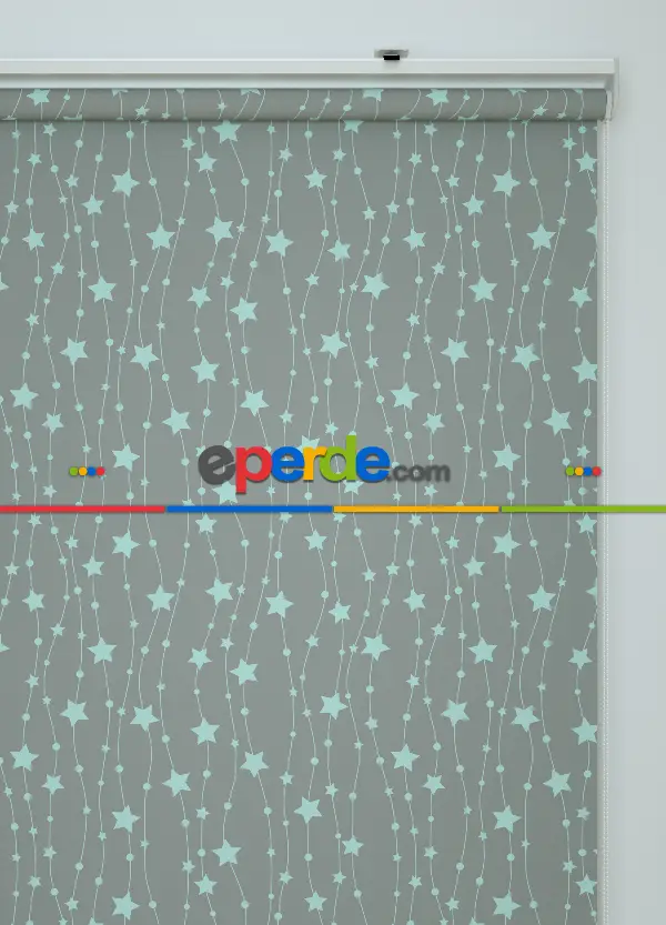 Mint Yeşili Yıldız Desenli Baskılı Stor Perde