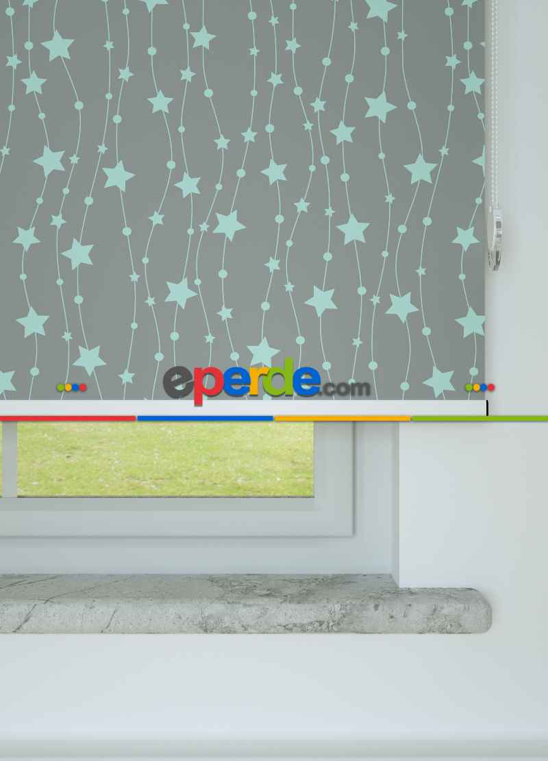 Mint Yeşili Yıldız Desenli Baskılı Stor Perde