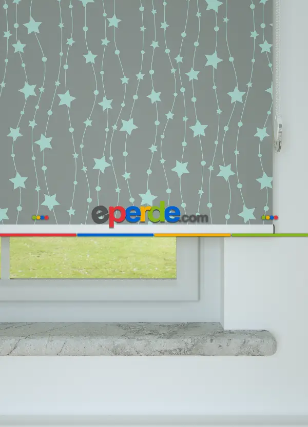 Mint Yeşili Yıldız Desenli Baskılı Stor Perde