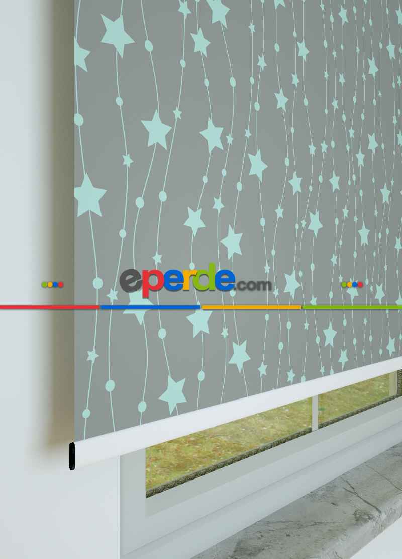 Mint Yeşili Yıldız Desenli Baskılı Stor Perde