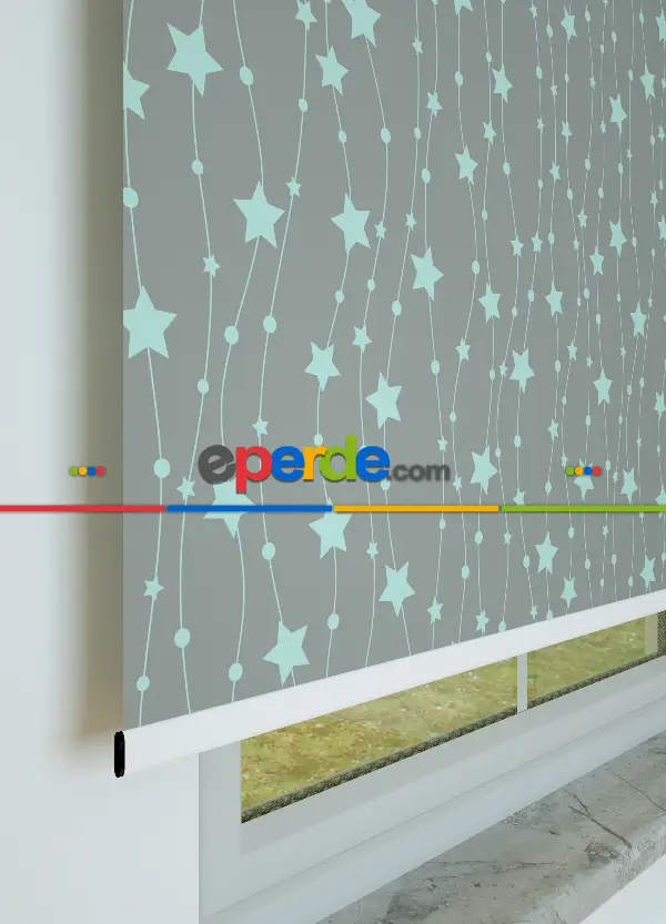 Mint Yeşili Yıldız Desenli Baskılı Stor Perde