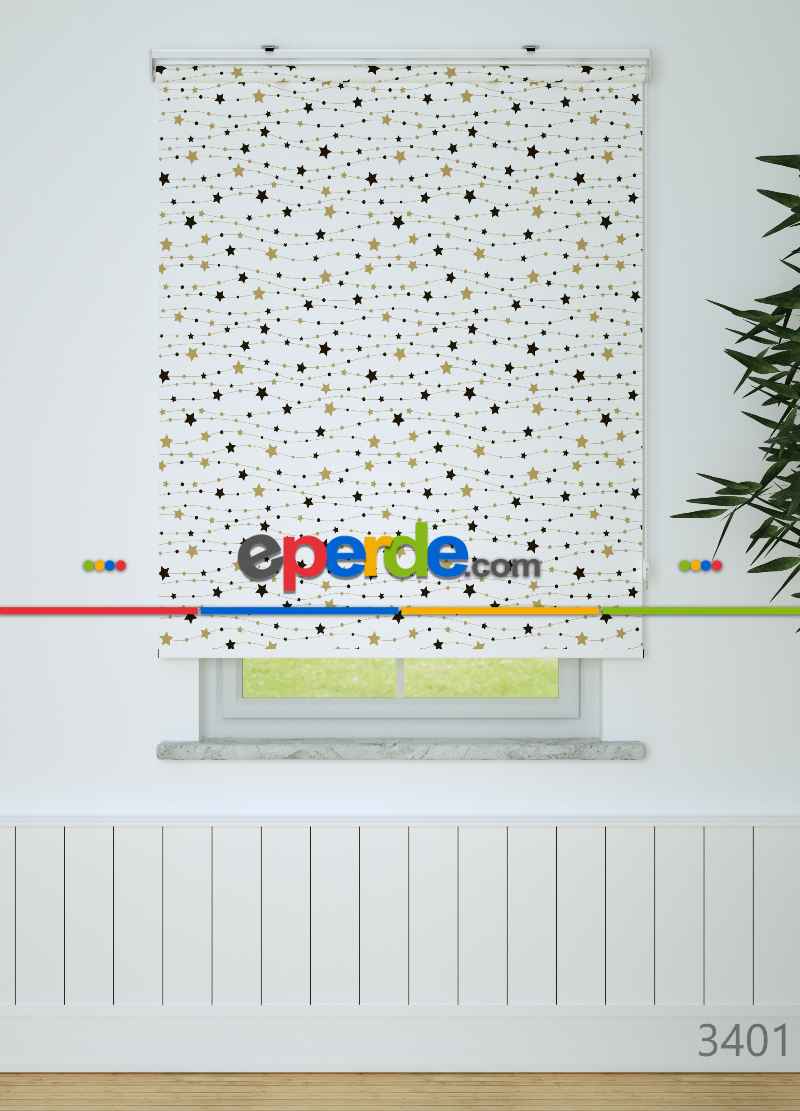 Siyah-gold Yıldız Desenli Baskılı Stor Perde