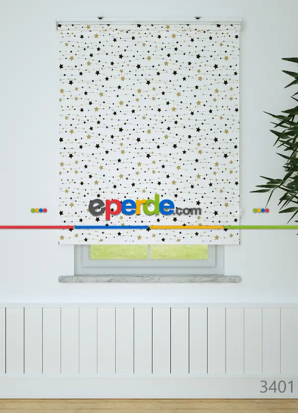 Siyah-gold Yıldız Desenli Baskılı Stor Perde