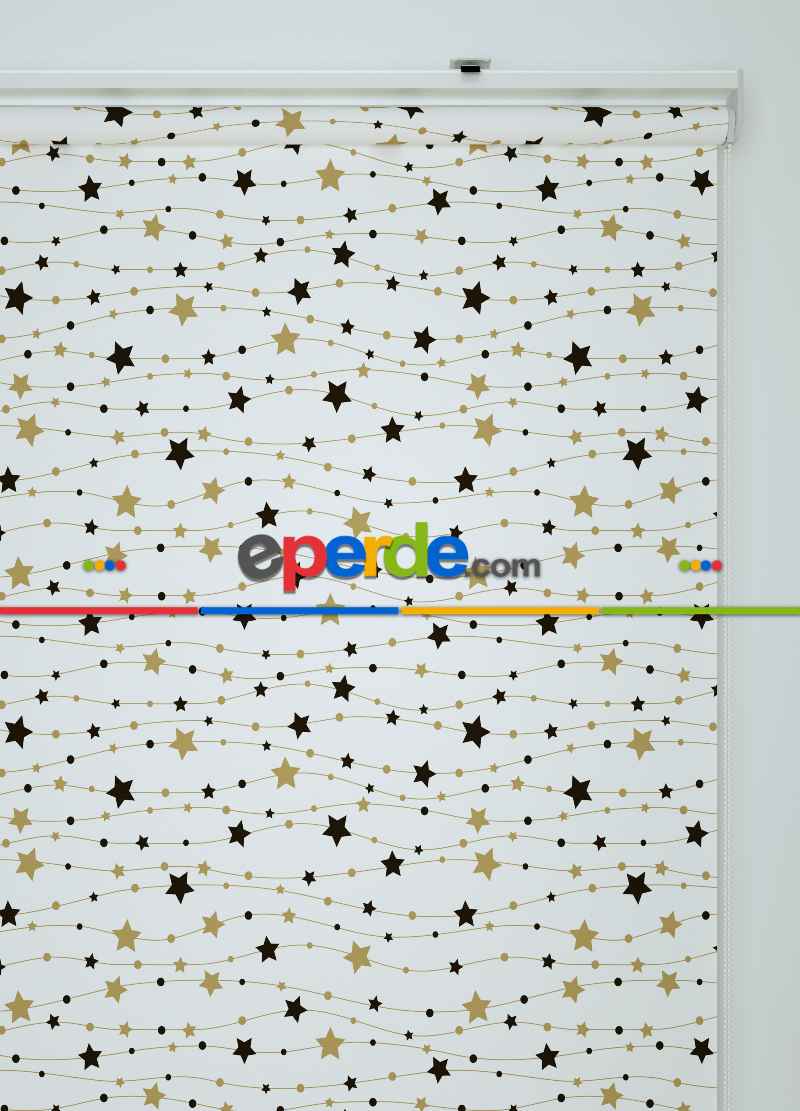 Siyah-gold Yıldız Desenli Baskılı Stor Perde