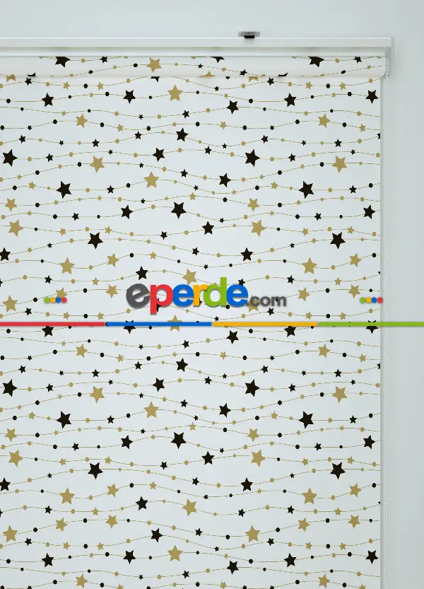 Siyah-gold Yıldız Desenli Baskılı Stor Perde