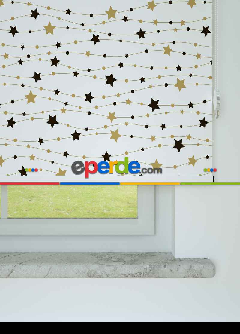 Siyah-gold Yıldız Desenli Baskılı Stor Perde