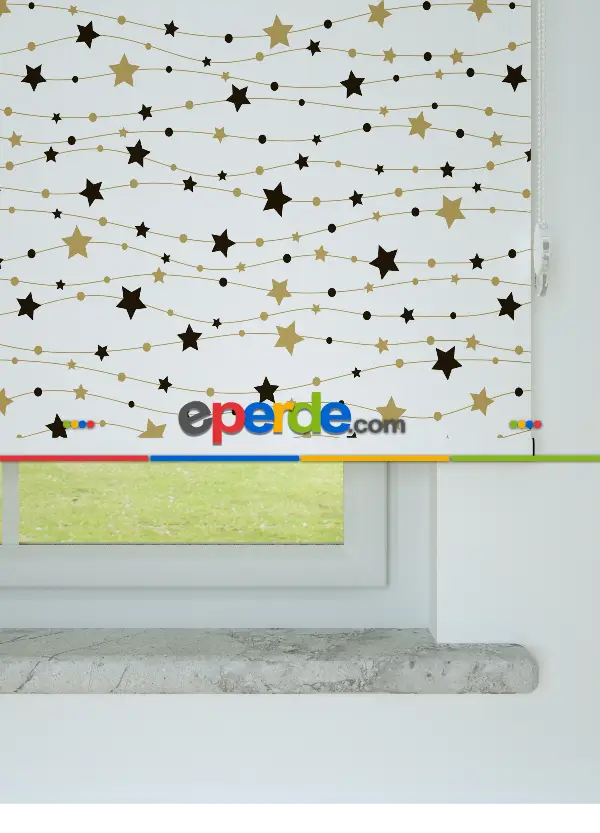 Siyah-gold Yıldız Desenli Baskılı Stor Perde