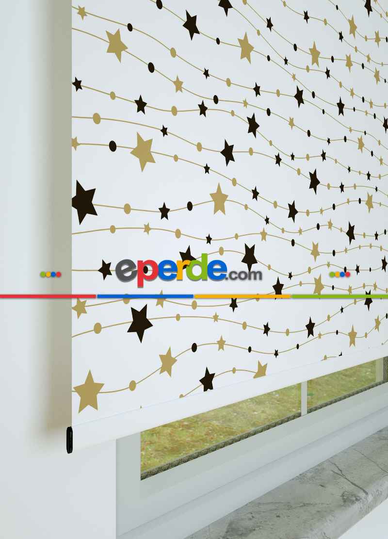 Siyah-gold Yıldız Desenli Baskılı Stor Perde