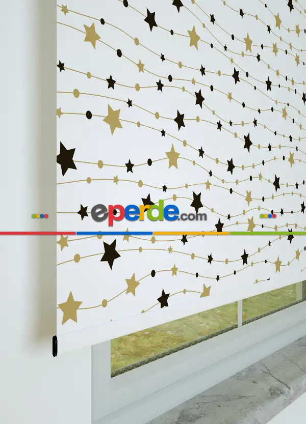 Siyah-gold Yıldız Desenli Baskılı Stor Perde