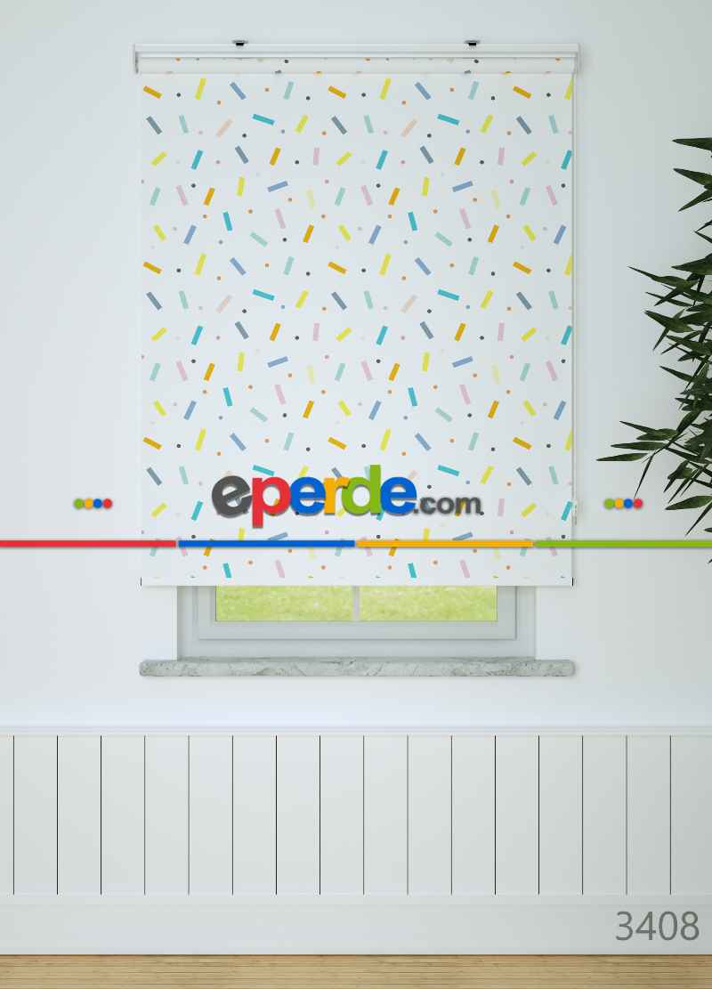 Renkli Konfeti Desenli Baskılı Stor Perde