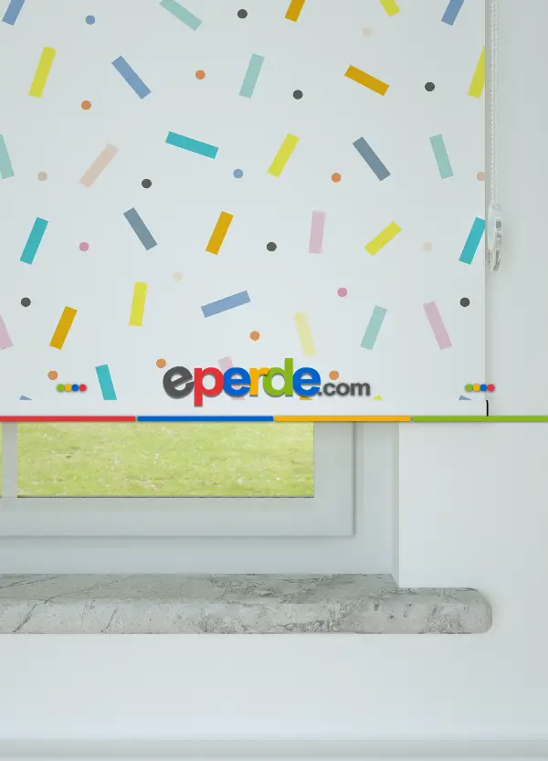 Renkli Konfeti Desenli Baskılı Stor Perde