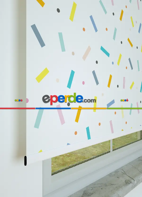 Renkli Konfeti Desenli Baskılı Stor Perde