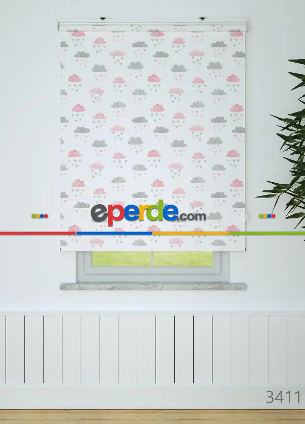 Pembe-gri Bulut Desenli Baskılı Stor Perde