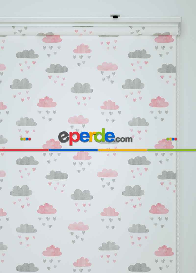 Pembe-gri Bulut Desenli Baskılı Stor Perde