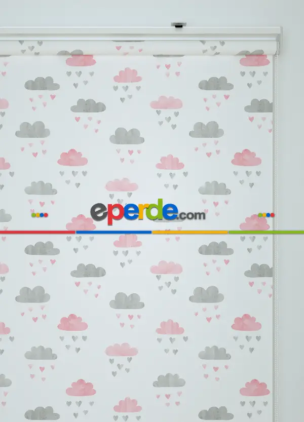 Pembe-gri Bulut Desenli Baskılı Stor Perde