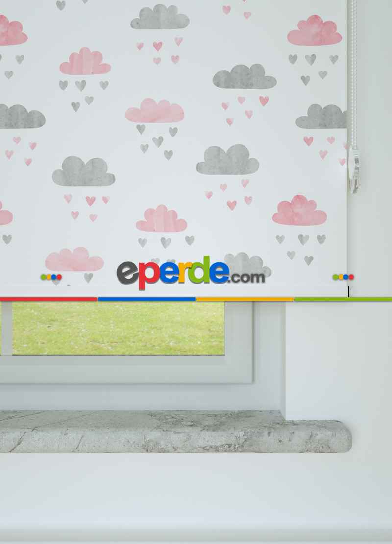 Pembe-gri Bulut Desenli Baskılı Stor Perde