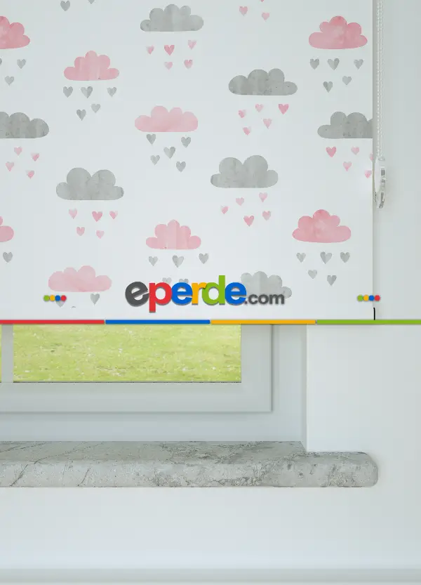 Pembe-gri Bulut Desenli Baskılı Stor Perde