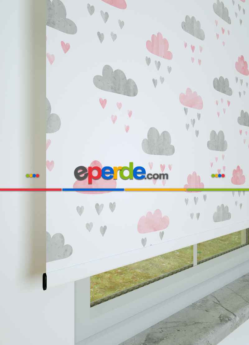 Pembe-gri Bulut Desenli Baskılı Stor Perde