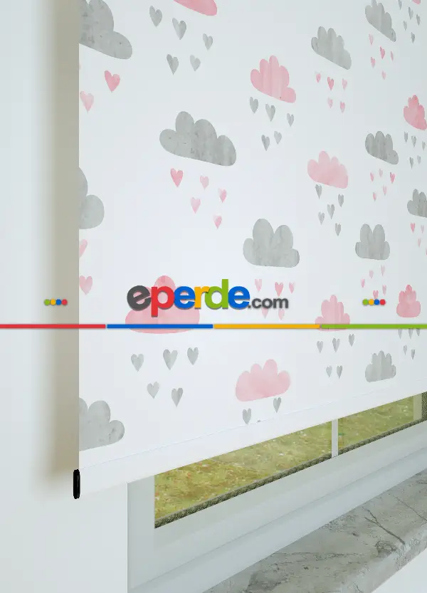 Pembe-gri Bulut Desenli Baskılı Stor Perde