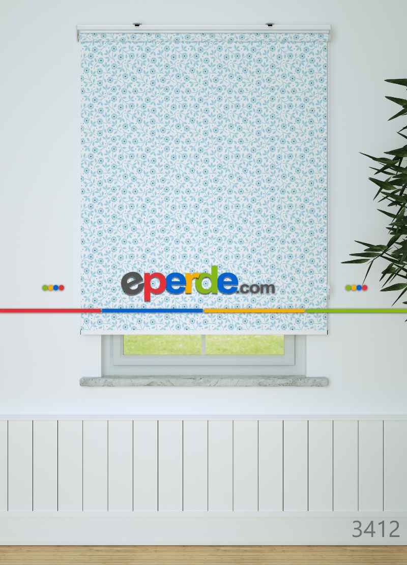 Mavi Çiçek Desenli Baskılı Stor Perde