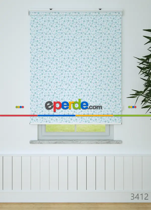 Mavi Çiçek Desenli Baskılı Stor Perde