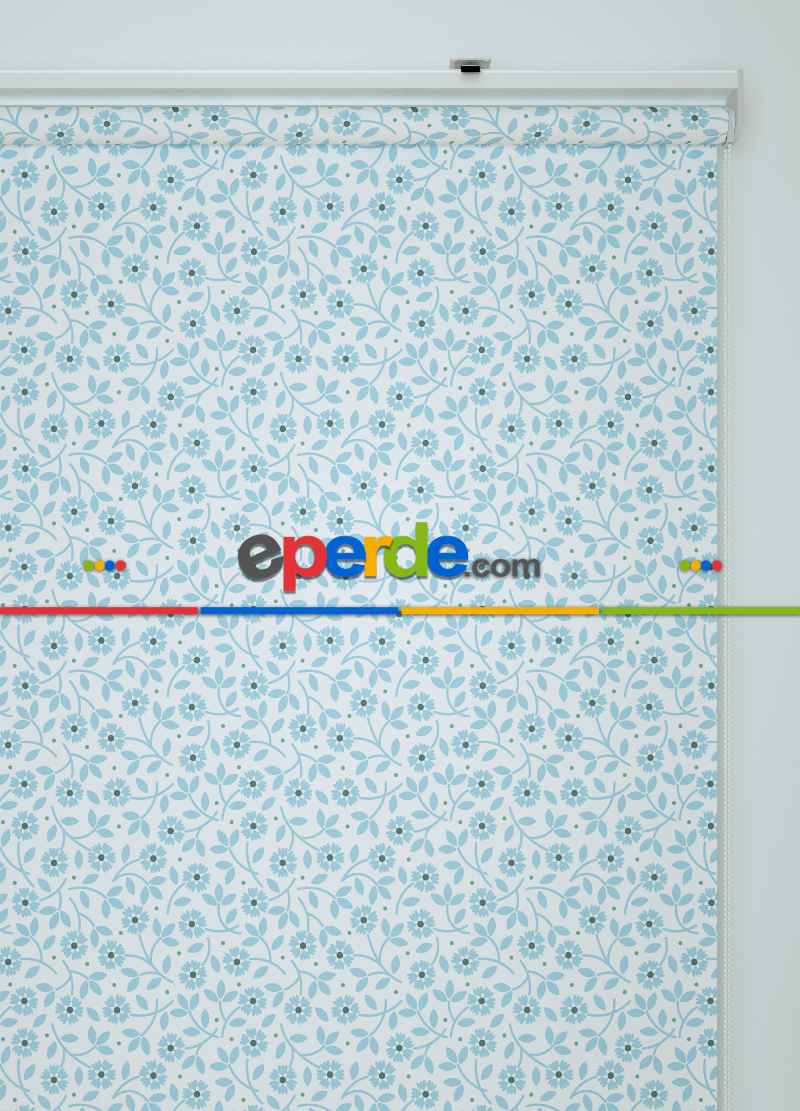 Mavi Çiçek Desenli Baskılı Stor Perde