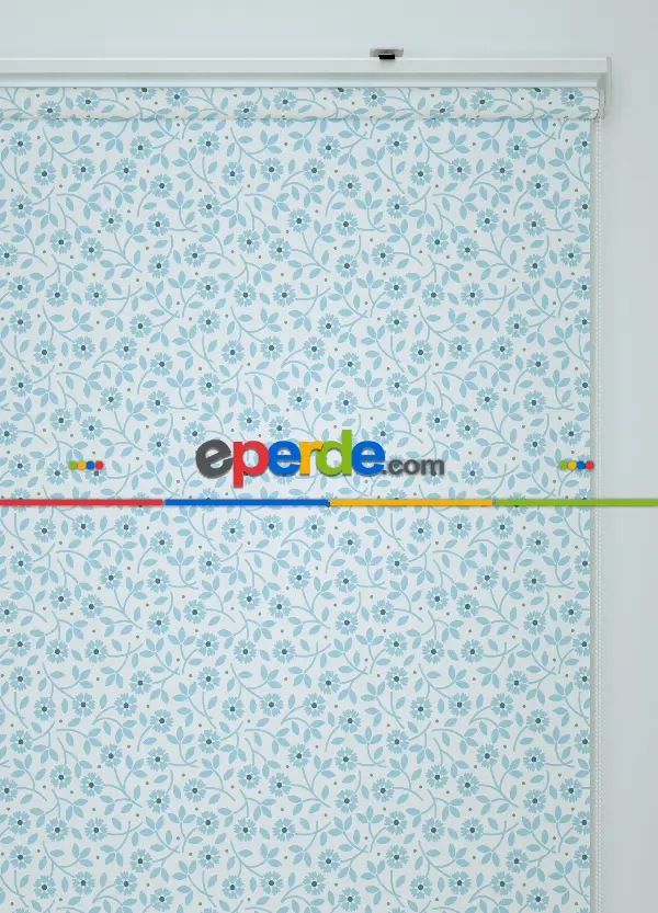 Mavi Çiçek Desenli Baskılı Stor Perde