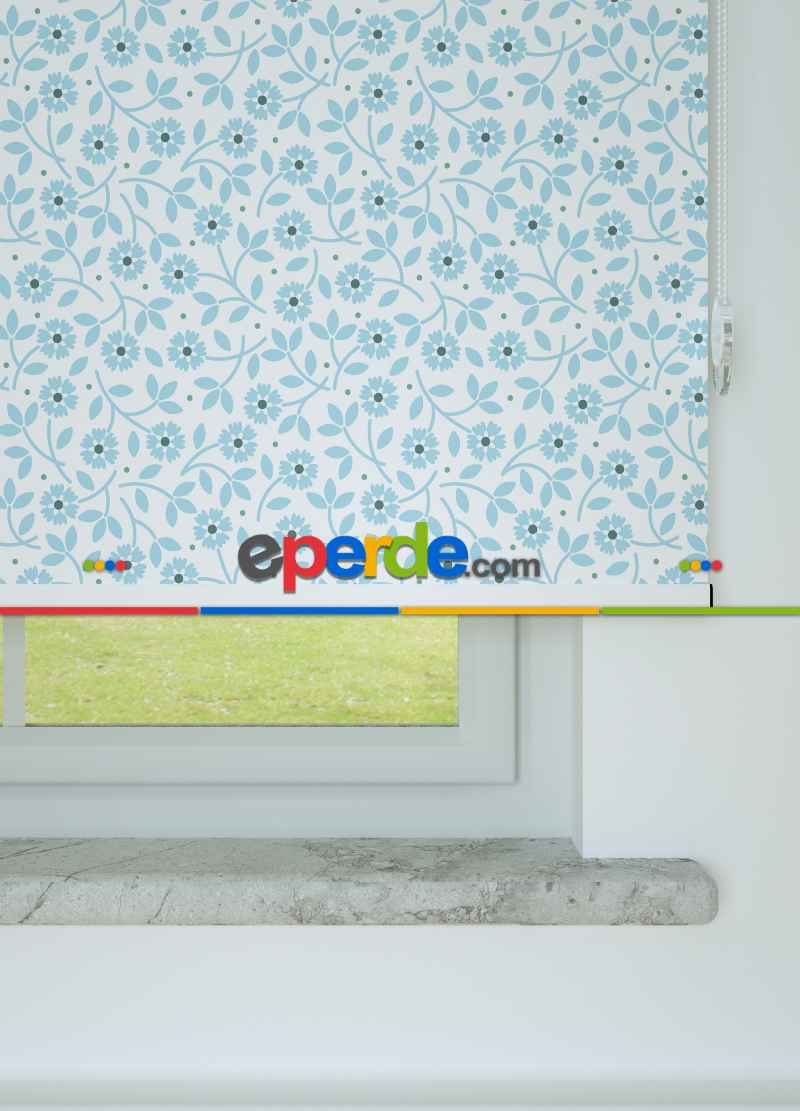 Mavi Çiçek Desenli Baskılı Stor Perde