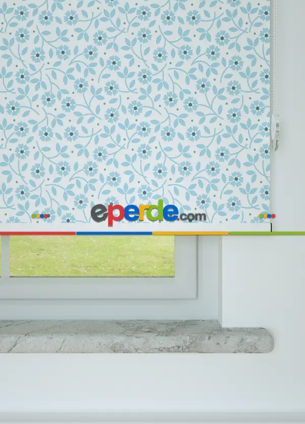 Mavi Çiçek Desenli Baskılı Stor Perde